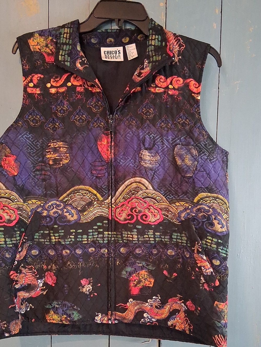 Chico's Quilted Dragon & Cloud Print Vest - Purple, Black, Red, Gold. Silk